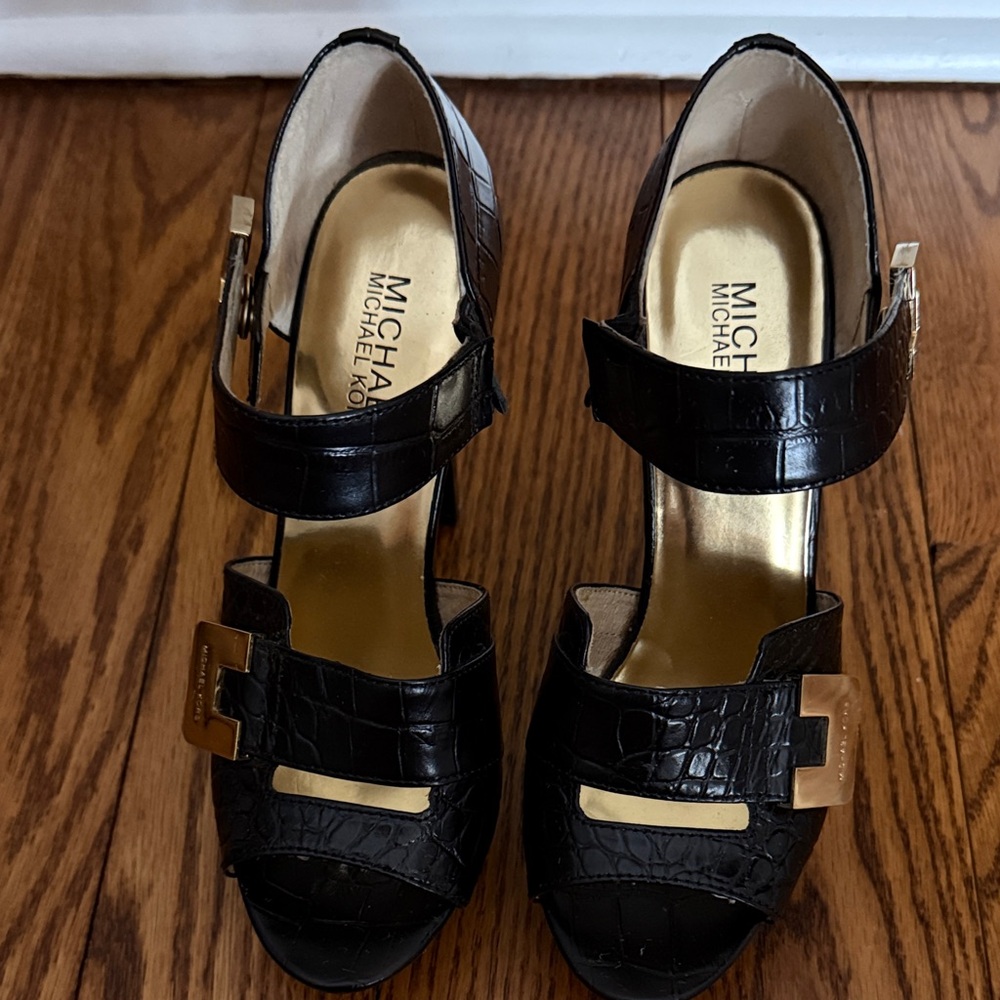 Michael Kors Black Croc-Embossed Heels with Gold Accents